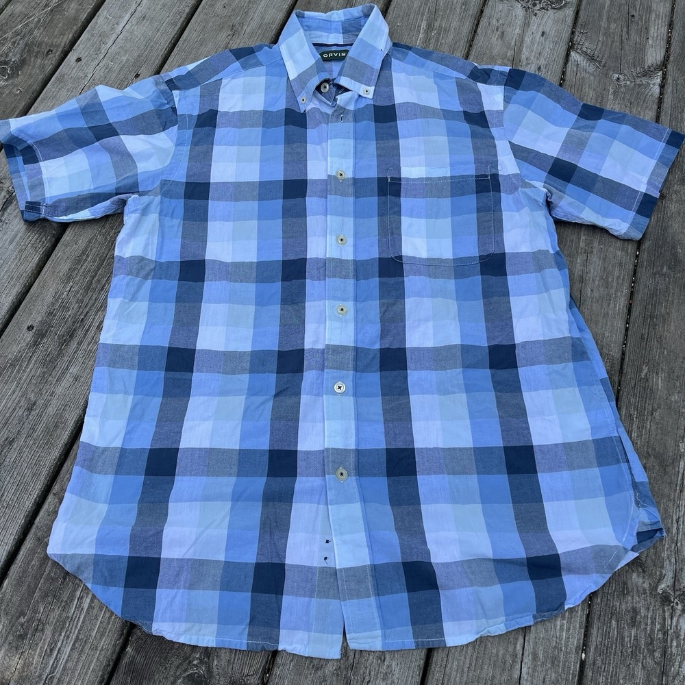 Orvis Mens Large L Regular Button Up Shirt Blue‎ Plaid Short Sleeve Cotton